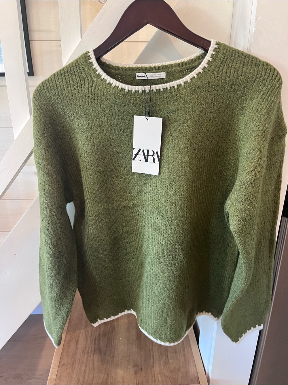 ZARA Olive Green Sweater with White Trim Crewneck